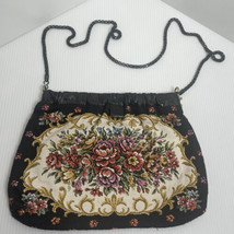 Gorgeous Vintage Bag Purse Floral Design Spring Open Black Metal Strap - £14.66 GBP