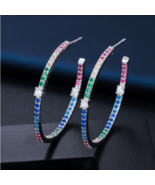 Exquisite Silver Plated Multi-Color Cubic Zirconia Hoop Earrings - £15.62 GBP