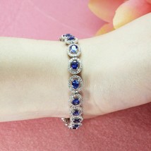 10Ct Created Blue Sapphire &amp; Cz Diamond Halo Tennis Bracelet in Solid 925 Silver - £120.31 GBP