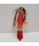 Vintage Christmas Elf Pixie Knee Hugger Figure Tinsel Cone Hat Red &amp; Gold - $76.24 CAD