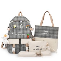 5 Pcs Set Women Backpack Student Laptop Knapsack Plaid Canvas School Bags For Te - £29.62 GBP
