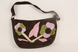 New York &amp; Co Brown Suede Handbag Purse Floral Applique Pink Green Purple Lilac - £5.70 GBP