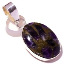 Copper Amethyst Oval Gemstone 925SilverOverlay Handmade Modernist Design Pendant - £8.79 GBP