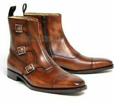 Handmade Men&#39;s Leather Brown Leather Triple Monk Cap Tow Side Zipper Boots-599 - £250.54 GBP
