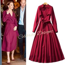 Kate Middleton Inspired Burgundy Belted Long Sleeve Pleated Midi Trench ... - $149.99