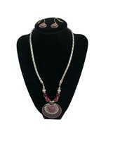 Necklace Earring Set Red Rhinestones Silver Tone 19&quot; Adjustable Round Pendant - £11.68 GBP
