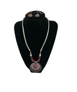 Necklace Earring Set Red Rhinestones Silver Tone 19&quot; Adjustable Round Pe... - £11.64 GBP