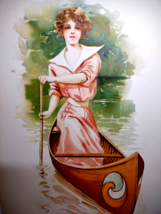 Victorian Art Print 1908 Maud Stumm Women Rows Canoe Boat Original Lithograph - £27.72 GBP