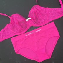 Victoria&#39;s Secret unlined 34C,34DDD BRA SET M,L panty Hot Pink lace floral BODY - £55.38 GBP
