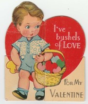 Vintage Valentine Card Boy Basket of Hearts Bushels of Love 1940&#39;s - £6.32 GBP
