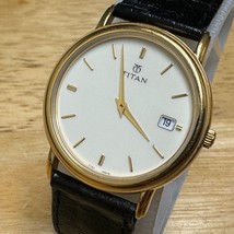 Vintage Titan India Quartz Watch Men Gold Tone White Date Leather New Ba... - $45.59