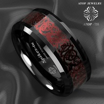 8mm Black Tungsten Ring Red Celtic Dragon Black carbon fibre Ring ATOP Jewelry - £28.24 GBP