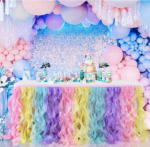 Pastel Rainbow Table Skirt 6ft Birthday Baby Shower Pink Purple Yellow Blue Tull - £12.04 GBP