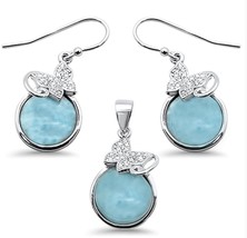 Sterling Silver Round Larimar &amp; Butterfly Earring &amp; Pendant Set - £71.92 GBP