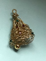 Vintage Thin Goldtone Wire Wispy Wound Christmas Tree w Bead Dangle &amp; Rhinestone - £18.99 GBP