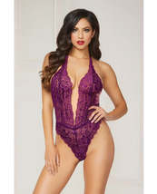 Floral Lace Teddy w/Halter Satin Ribbon Ties &amp; Snap Crotch Purple O/S - £28.41 GBP