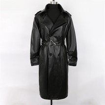 Long Black Faux Leather Trench Coat for Women Belt Double Breasted Luxury Elegan - £85.53 GBP