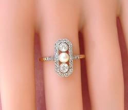 Antique Deco .34ctw Diamond 4mm Natural Pearl Trinity Trilogy 3-STONE Ring 1920 - £1,025.60 GBP