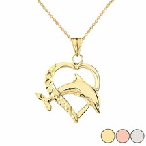 10k Real Solid Yellow Gold Heart Dolphin Jumping Love Pendant Necklace - £96.34 GBP+