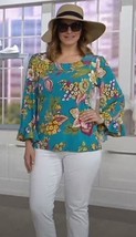 Attitudes Renee Printed Scoop neck Knit Top Ruffle Bue L NEW A306475 - $17.99