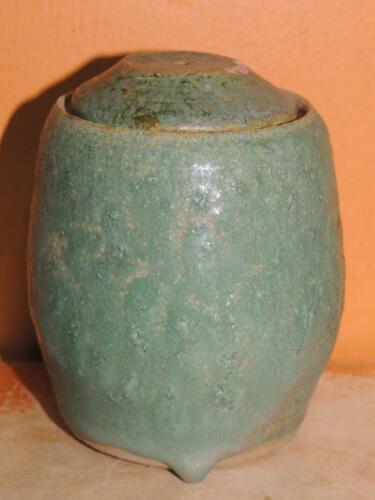 Unusual Jar / Jarlet 5&quot; Celadon Glaze thin bubble drip lidded Antique ba... - $161.99
