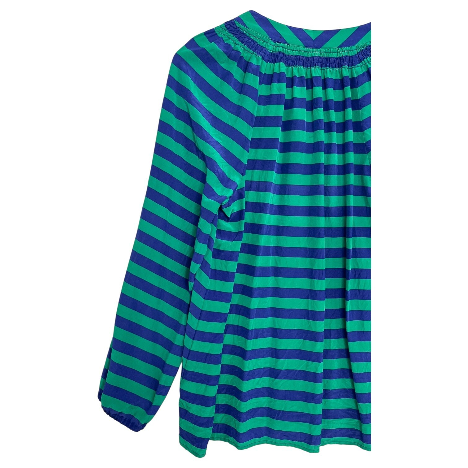 Lilly Pulitzer Top Womens Large Green Blue Silk Stripe Smocked Boho Blouse Item image 14