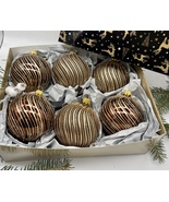 Set of 6 brown with glitter lines Christmas glass balls, hand painted or... - £42.58 GBP