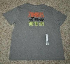 Mens Halloween Shirt Zombies Eat Brains Your Safe Gray Crew Short Sleeve... - $14.85