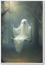 Vintage Cute Ghost Canvas Wall Art, Funny Ghost on a Swing in the Forest Aesthet - £27.83 GBP