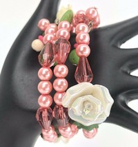 Peach Orange Pearl White Rose Green Stack Bracelets Memory Wire Handcrafted  - £23.97 GBP