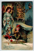 Christmas Postcard Lovely Angel Spills Toys Stained Glass Window Child Religious - £23.40 GBP