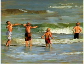 Art Oil painting seascape Children playing Landscape ocean waves hand painted - £40.81 GBP