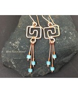 Handmade copper earrings: Greek key design long dangles light blue cube ... - $503.71 MXN