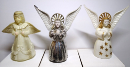 Christmas Angel Ornaments Set Of 3 Hard Plastic Vintage Decorations Silver Paint - £25.44 GBP