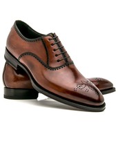 Genuine Leather Brown Color Burnished Toe Vintage Casual Dress Lace Up Men Shoes - £120.18 GBP+