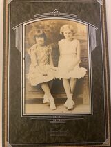 Antique Photo Two Girls Pretty Dresses BW Sepia Cardboard Frame Fairmont... - $9.50