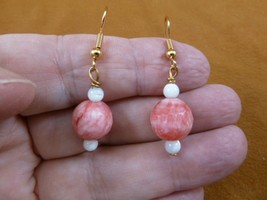 ee490-7 Pink Rhodochrosite white Mother Pearl gemstone goldtone dangle earrings - £15.68 GBP