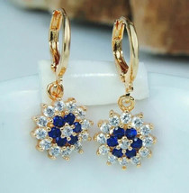 1.50Ct Round Simulated Blue Sapphire Drop Dangle Earrings 14K Yellow Gold Plated - £44.83 GBP