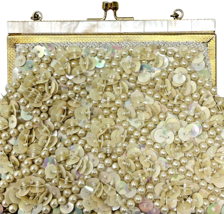 Vintage Beaded Ivory Purse Bag Mother of Pearl Trim Handle Clasp Hong Kong image 12