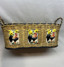 Large Woven Wicker Basket With Rooster Chicken Tiles And Handles (18 X 10 X 7) - £15.13 GBP
