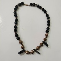 Vintage Wood Copper Bead Grey Agate Stone Necklace Tumbled Stones 18&quot; long - £15.66 GBP