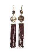 Boho Gold Tone Hammered Discs Red Tasseled Fringe Earrings Costume Jewelry - $355.92 MXN