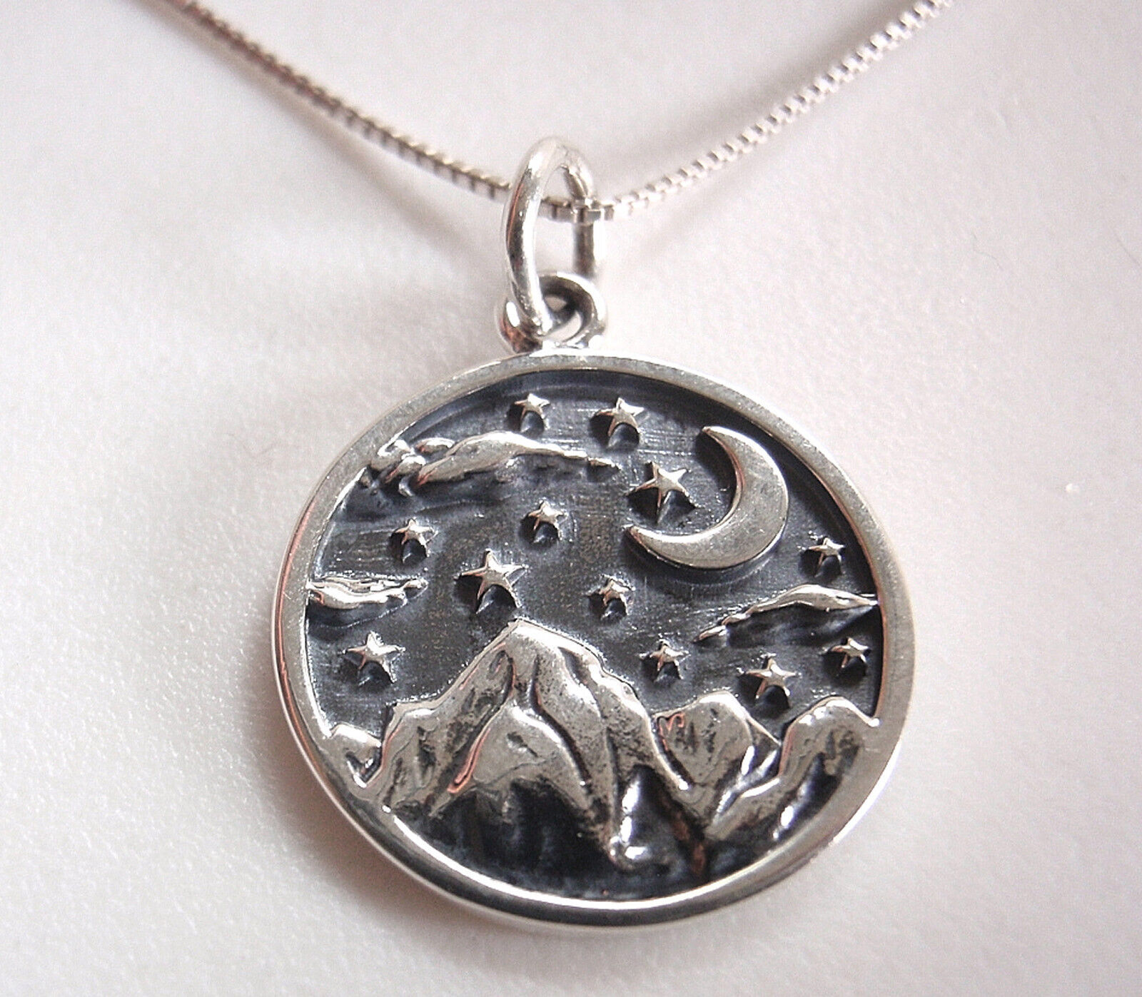 Mountains Stars and Crescent Moon 925 Sterling Silver Pendant
