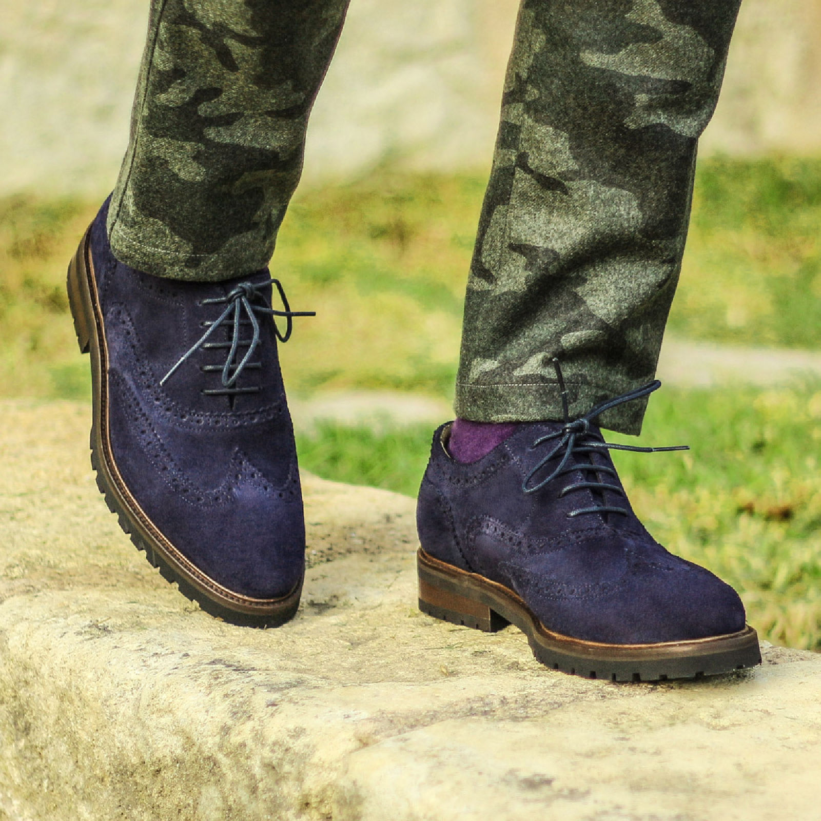 NEW Handmade Mens blue full brogue wingtip suede shoes, Men blue suede leather s
