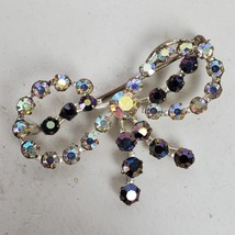 Vintage 1980s Bow Metal Brooch Pin w/ Faux Diamonds 1.75 Inch - $13.10