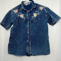 Vintage Women&#39;s Snow Blue Denim Embellished Floral Button Down Shirt M Blue - £27.36 GBP