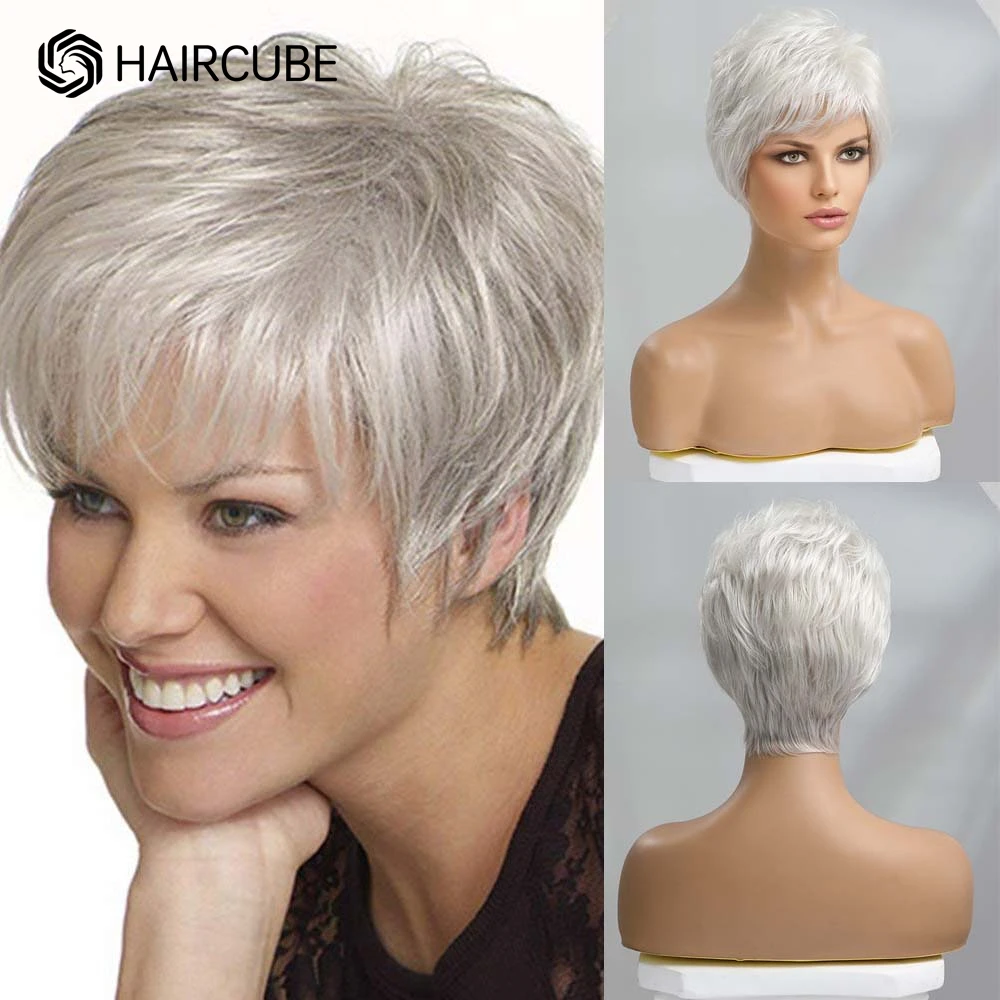 HAIRCUBE Silver Grey Mixed Human Hair Blend Synthetic Wig Short Pixie Cut Puf - £58.50 GBP