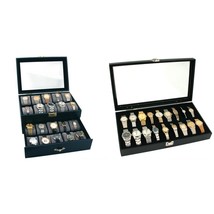 Lockable Glass Top Faux Leather Watch Jewelry Display Cases 20 &amp; 18pc Kit 2 Pcs - £76.17 GBP