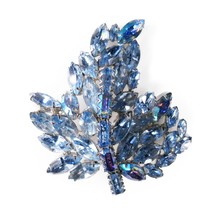 Vintage Signed Weiss Light Blue Aurora Borealis Leaf Marquise Rhinestone Brooch - £39.84 GBP