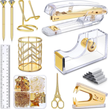 Gold Desk Accessories Kit, Stapler and Tape Dispenser Set,Pen Holder,Staples,Pho - £37.30 GBP